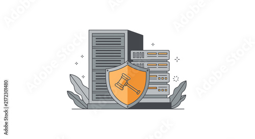 Data Privacy and Cyber Law Vector Illustration with Server and Gavel