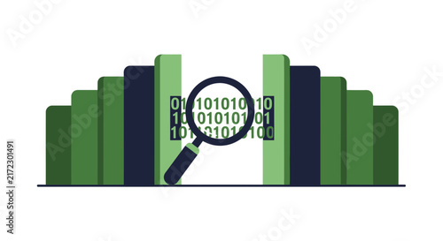 Data Analysis Illustration with Magnifying Glass Scanning Binary Code and Digital Information Blocks