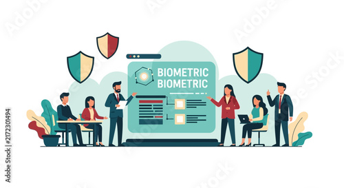 Business Professionals Collaborating on Biometric Security and Cybersecurity Solutions Illustration