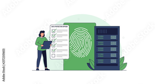Data Protection Officer overseeing server security, GDPR compliance, and biometric fingerprint authentication illustration