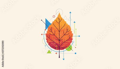Beautiful autumn maple leaf designed with technical blueprint lines and geometric scientific diagrams on a warm beige background.