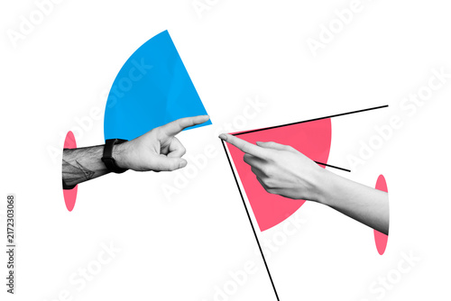 Creative collage picture hands body fragments connection bonding contact reach eath other fingers pointing gesture drawing background