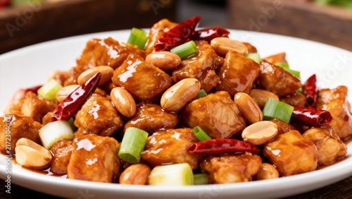 A vibrant stir-fry of Kung Pao chicken with tender diced chicken, roasted peanuts, and dried chili peppers, tossed in a sweet-tangy soy-based sauce with Sichuan peppercorns, garnished with scallion ri