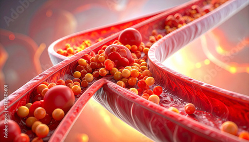 This dramatic medical 3D illustration shows cholesterol plaques blocking blood flow inside a branching artery, evoking cardiovascular health awareness. Ideal for science. Nobody.