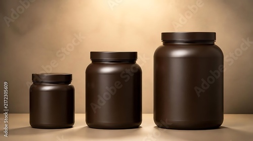 Three dark brown plastic supplement containers of varying sizes arranged on a wooden surface with a textured background.