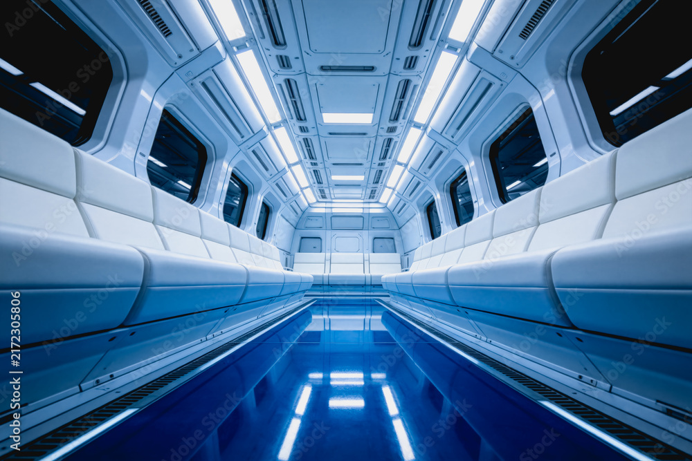 Obraz premium Clean, empty interior of a modern public transit vehicle with sleek design, white seats, blue floor and integrated lighting.