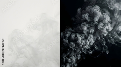Contrast of Smoke: A striking visual juxtaposition of smoke, one side wispy and ethereal against a white backdrop, the other dense and swirling in dark contrast.