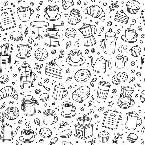 Coffee Shop and Bakery Seamless Pattern - Hand Drawn Vector Background with Coffee Cups, Beans, Croissant, Donut, and French Press