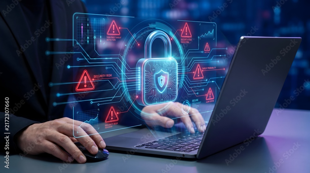 Fototapeta premium Cybersecurity risk management dashboard displaying glowing padlock and threat detection alerts for IT defense