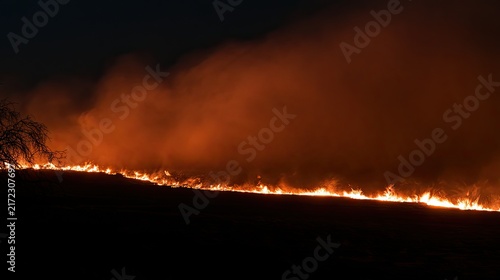 A vast field burns with bright orange flames and smoke against dark night sky