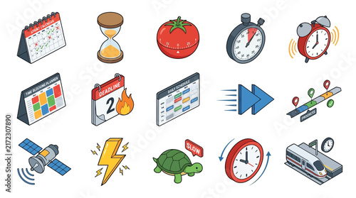 Modern isometric time and project management icons, vector flat design, productivity, scheduling, deadline and speed symbols, colorful, business workflow isolated on White Background