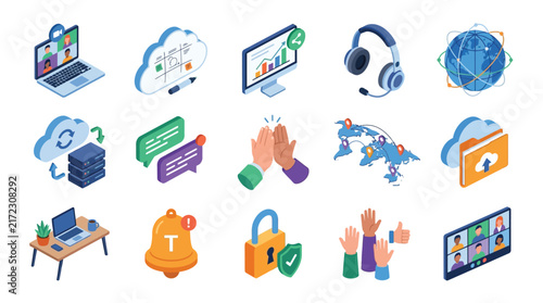 Isometric technology icons set, business concepts, digital elements, cloud computing, data security, laptop, desktop, global network, headsets, handshake, chat, folder, bell, tablet