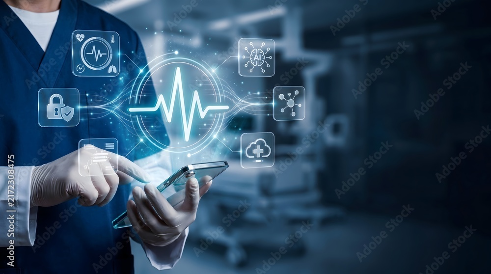 Obraz premium Artificial intelligence in healthcare featuring secure patient monitoring interface on futuristic glass tablet