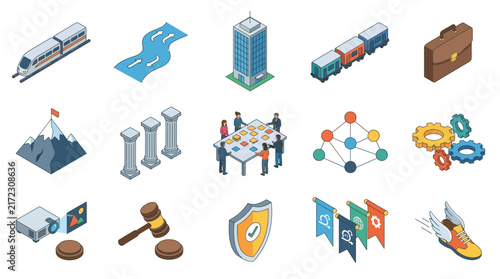Isometric business icons set, 15 professional corporate vector elements, modern industry and logistics symbols for infographics isolated on White Background