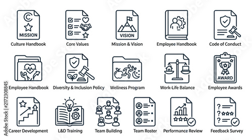 Corporate culture and HR policy icons, set of 15 business management line vectors, employee handbook and workplace wellness symbols isolated on White Background