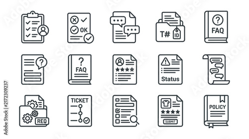 Customer support line icons set, helpdesk and service ticket vector elements, FAQ and policy document symbols isolated on White Background