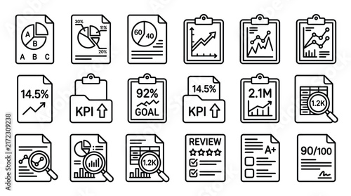 Business report line icons set, financial data analysis vector elements, KPI dashboard and corporate statistics symbols isolated on White Background