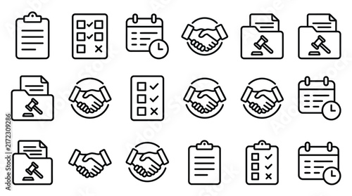 Business agreement line icons set, corporate contract and legal document vector symbols, handshake and compliance signs isolated on White Background