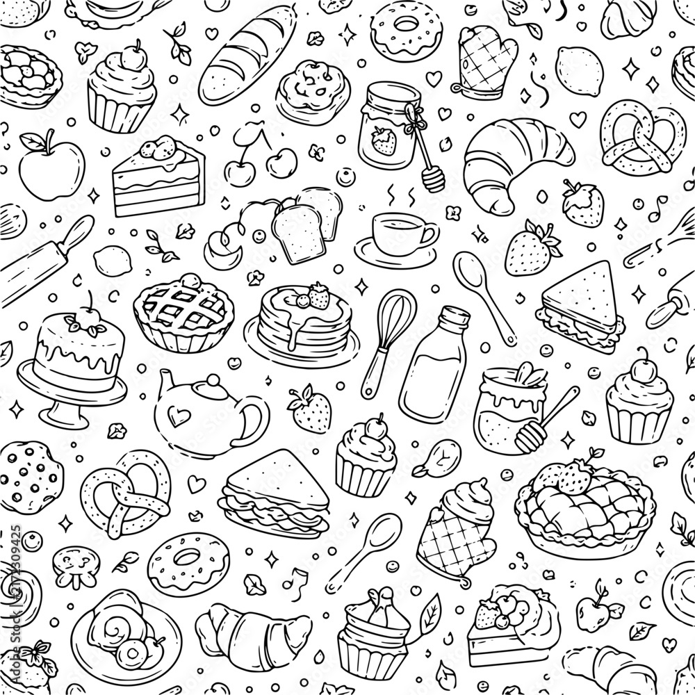 Fototapeta premium Bakery and Pastry Shop Seamless Pattern - Vector Doodle Background with Cake, Pie, Bread, Jam, Pretzel, and Baking Tools