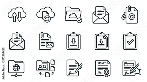 Document management line icons set, cloud storage and digital signature vector elements, office file sharing outline symbols isolated on White Background