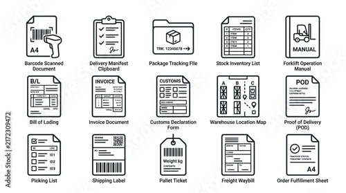 Logistics and shipping document icons set, warehouse delivery paperwork line art, supply chain management vector elements isolated on White Background
