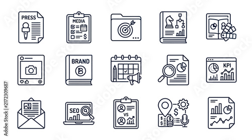 Marketing and PR line icons set, public relations vector symbols, brand strategy and SEO business icons isolated on White Background