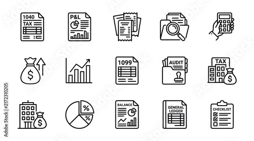 Accounting line icons set, business tax and audit vector elements, financial bookkeeping linear symbols isolated on White Background