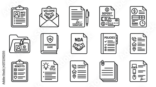 Employee onboarding line icons set, corporate HR document vector elements, new hire paperwork and contract thin line symbols isolated on White Background