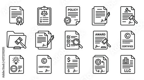 Legal document line icons set, business contract and policy vector symbols, law compliance and certification outline signs isolated on White Background
