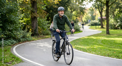 Aktiver Senior fährt im Alltag mit dem Fahrrad