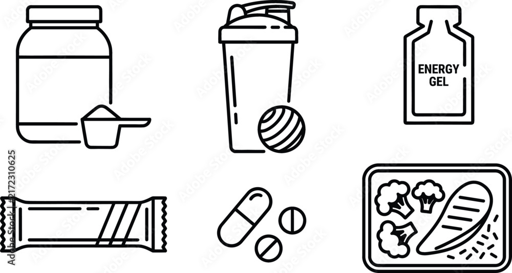 Fototapeta premium Sports nutrition and fitness supplements outline icon set with protein powder shaker and meal prep elements
