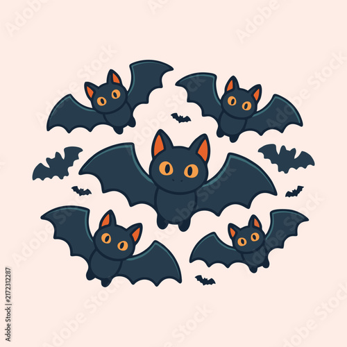 Halloween Flying Bats Group Cartoon Vector Illustration