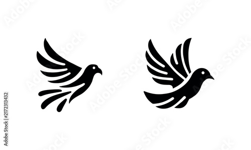Flying bird solid silhouette glyph icons set on white background. Freedom and bird logo shape