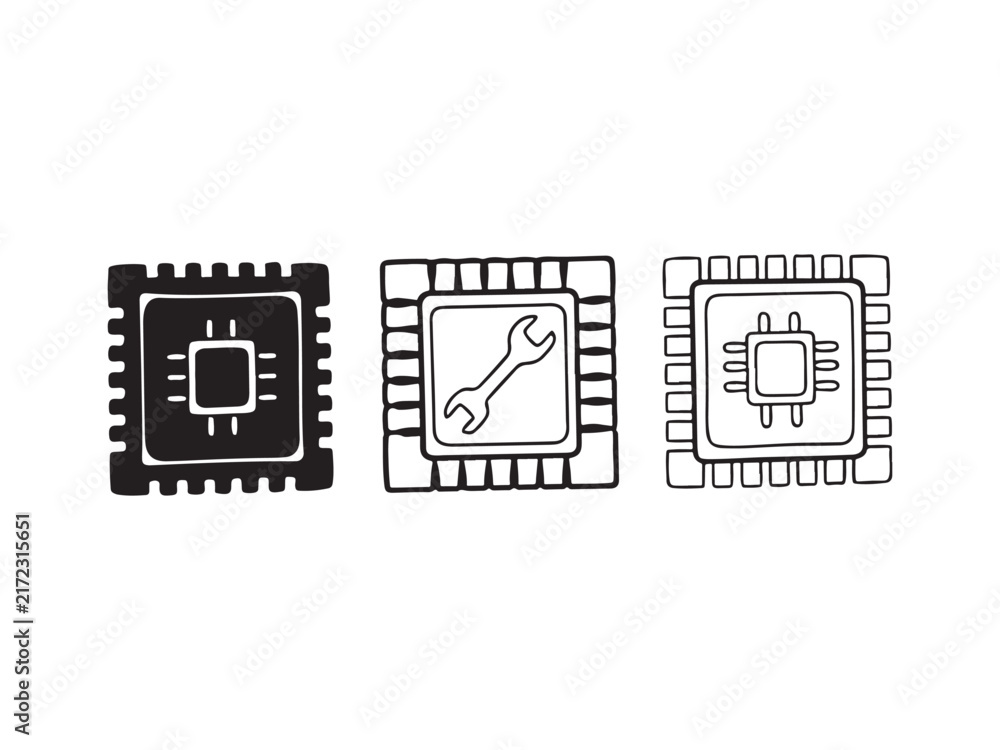 Fototapeta premium Computer Processor Microchip and CPU Hardware Icon Set