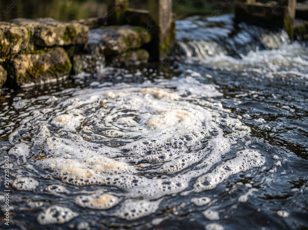 Fototapeta premium Swirling Foam Vortex And Current At River Cascade Weir