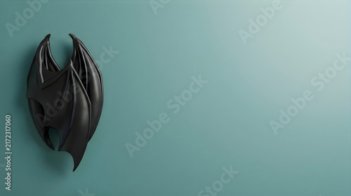 Dark abstract wings emerging from a teal gradient background with dramatic lighting