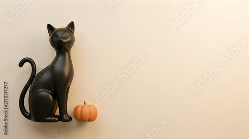 Elegant black cat statue sits beside a small pumpkin on a reflective surface