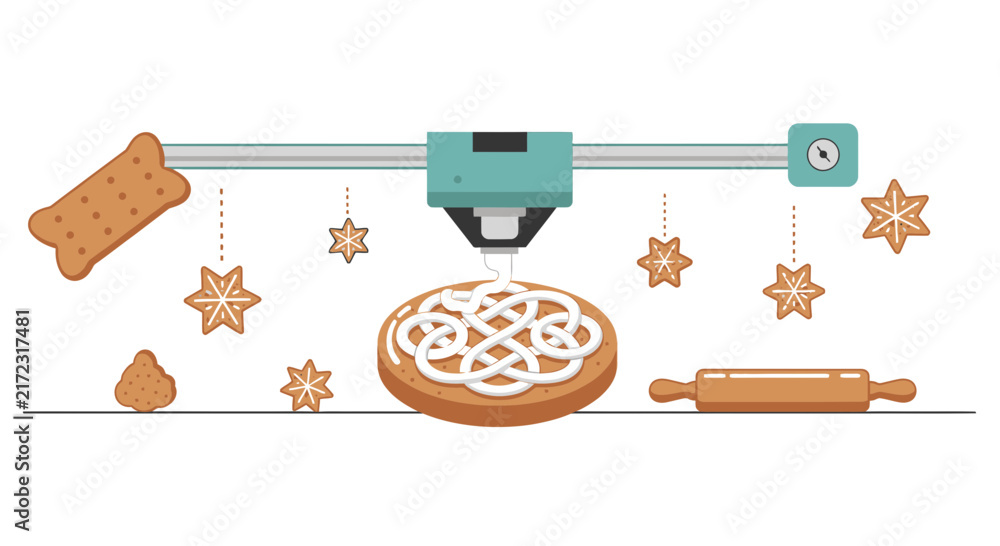 Fototapeta premium 3D Food Printer Decorating Gingerbread Cookies with White Icing Vector Illustration