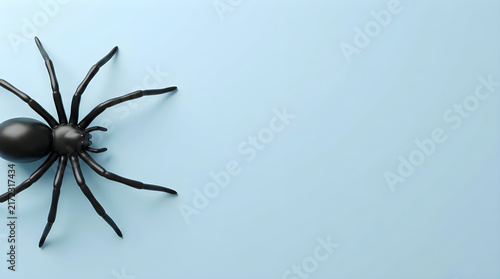 Dark brown spider with long legs on a light blue background with copy space