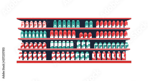 Flat Vector Illustration of Supermarket Shelves with Milk and Juice Cartons