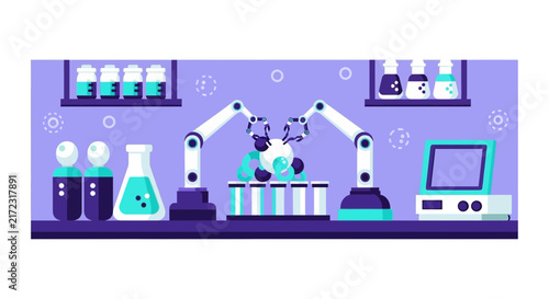 Automated Laboratory with Robotic Arms and Chemistry Equipment Vector Illustration