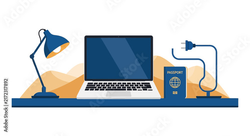 Digital Nomad Workspace Illustration with Laptop, Passport, and Desert Background