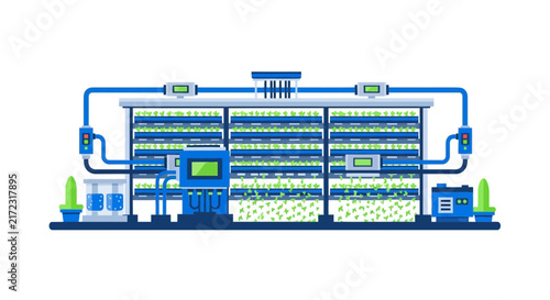 Automated vertical farming system illustration. Indoor hydroponic agriculture technology with monitoring screens and plant racks on white background.