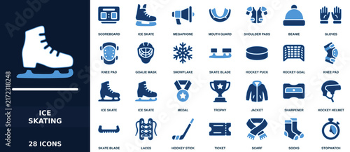 Canvas Print Set of 28 ice skating icons featuring equipment like skates, hockey pucks, helme
