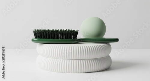 Green Hairbrush and Pastel Mint Sphere on Modern Fluted Circular Podium Isolated on Plain White Studio Background
