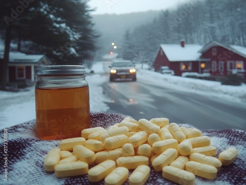 Jar of medicine and yellow pills on a snowy road with houses  