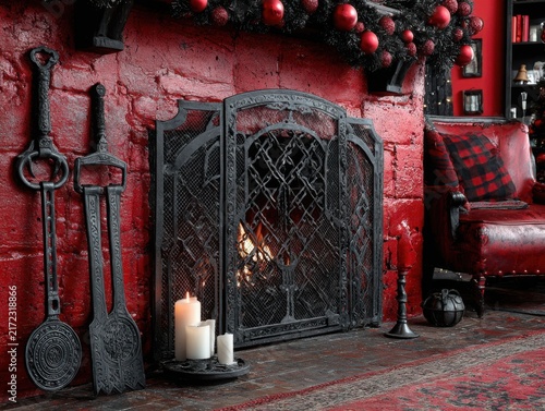 Cozy fireplace with candles and tools in a rustic living room  