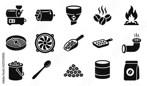 Collection of coffee processing instruments and roasting equipment  vector for professional barista and cafe business design projects