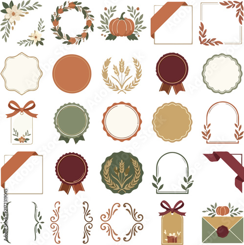 Autumn Harvest Graphic Elements. Vintage Stylish Labels, Frames, and Badges. Seasonal Wreaths, Ribbons, and Typographic Borders for Wedding and Thanksgiving Decor Halloween