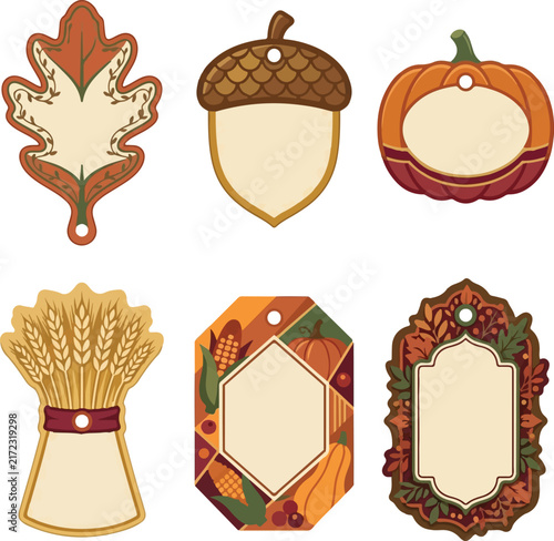 Vintage autumn harvest tags set. Rustic price labels with orange pumpkin, acorn, wheat, corn. Fall blank stickers for grocery store design. Halloween